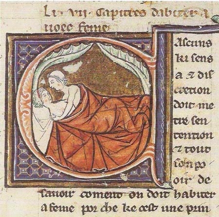 Couple in bed: Aldobrandino of Siena's le Regime de Corps, Lille, ca. 1285.British Library, MS Sloane 2435 fol. 9v