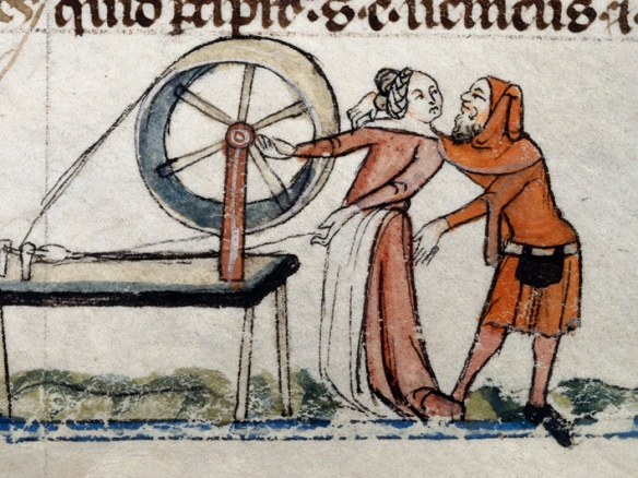 Man accosting a woman at the loom: Smithfield Decretals, Southern France, late 13th -- early 14th Century.  British Library, Royal MS 10E 